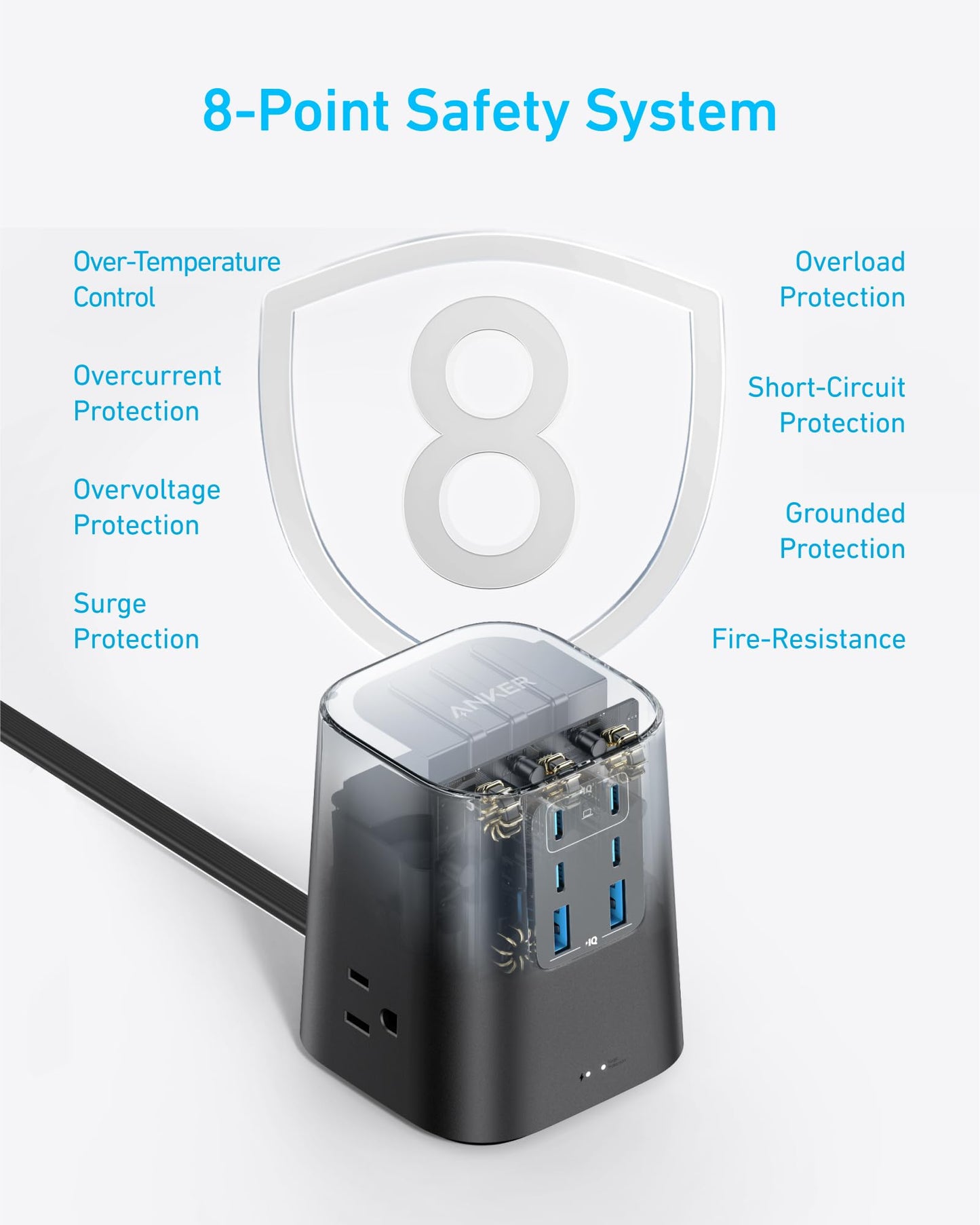 Anker Desktop Charger, 9-in-1 Power Strip with 300J Surge Protector, 5ft Flat Plug Extension Cord with Multiple Devices, 100W USB C Charger with 3 AC