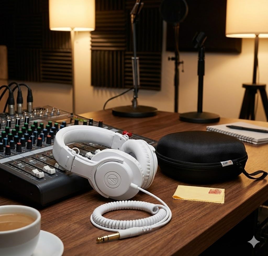 Audio-Technica ATH-M20xWH Professional Monitor Headphones - White Bundle with Case and Austin Bazaar Polishing Cloth