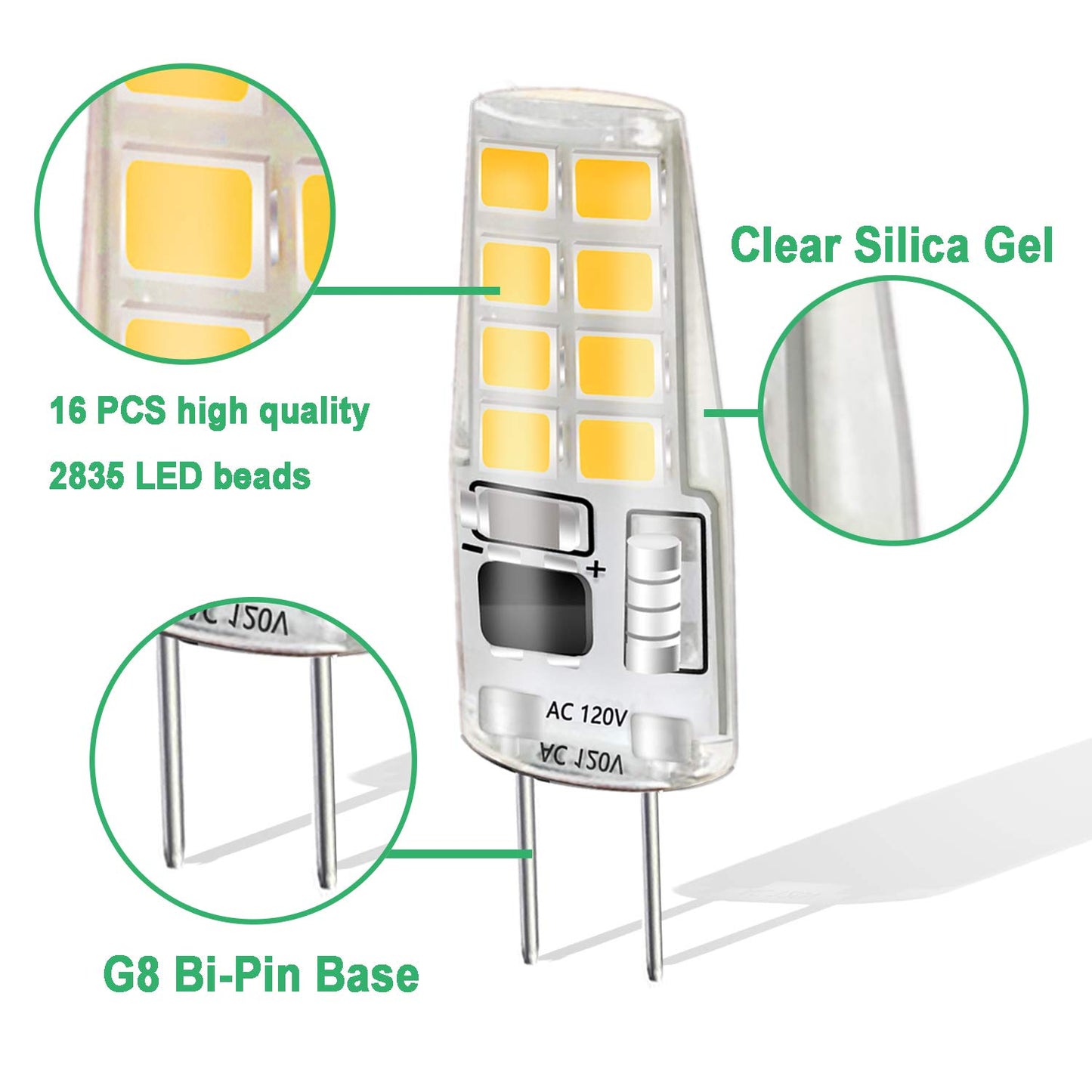 LEKE G8 LED Bulb - Warm White, 3W, Dimmable, Equivalent to 20W-25W Halogen, 3000k, AC 110v/120v/130v (6 Pack)