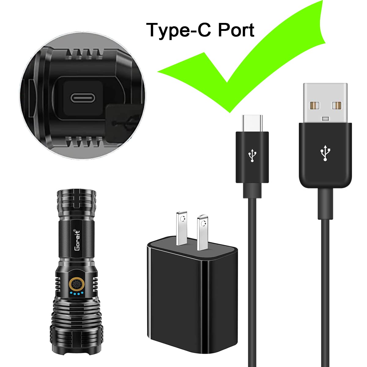 USB C 5Ft Charger Cable for Flashlights Goreit, Relybo, ThruNite TC15 V3, LED Headlamp COSOOS, Coast XPH30R, FANT.LUX, Liteband PRO, Liteband ACTIV