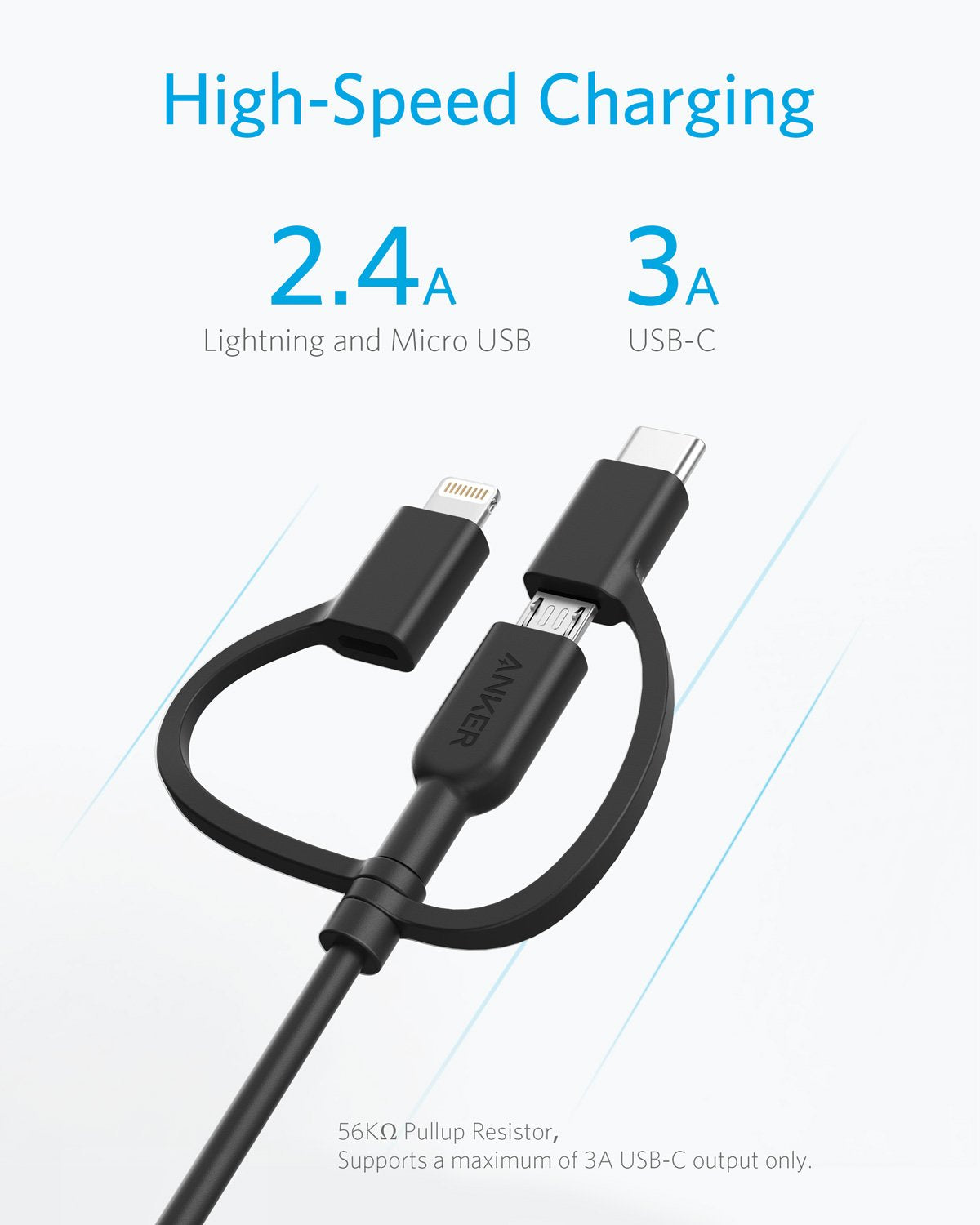 Anker Powerline II 3-in-1 Cable, Lightning/Type C/Micro USB Cable for iPhone, iPad, Huawei, HTC, LG, Samsung Galaxy, Sony Xperia, Android Smartphones