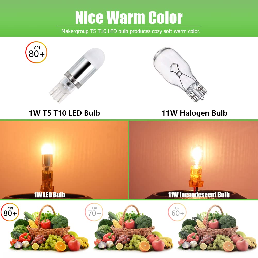 Makergroup T5 T10 Wedge Base LED Light Bulbs, 12VAC/DC 1Watt Warm White 2700K-3000K for Outdoor Landscape Lighting Deck Stair Step Pathlights and RV