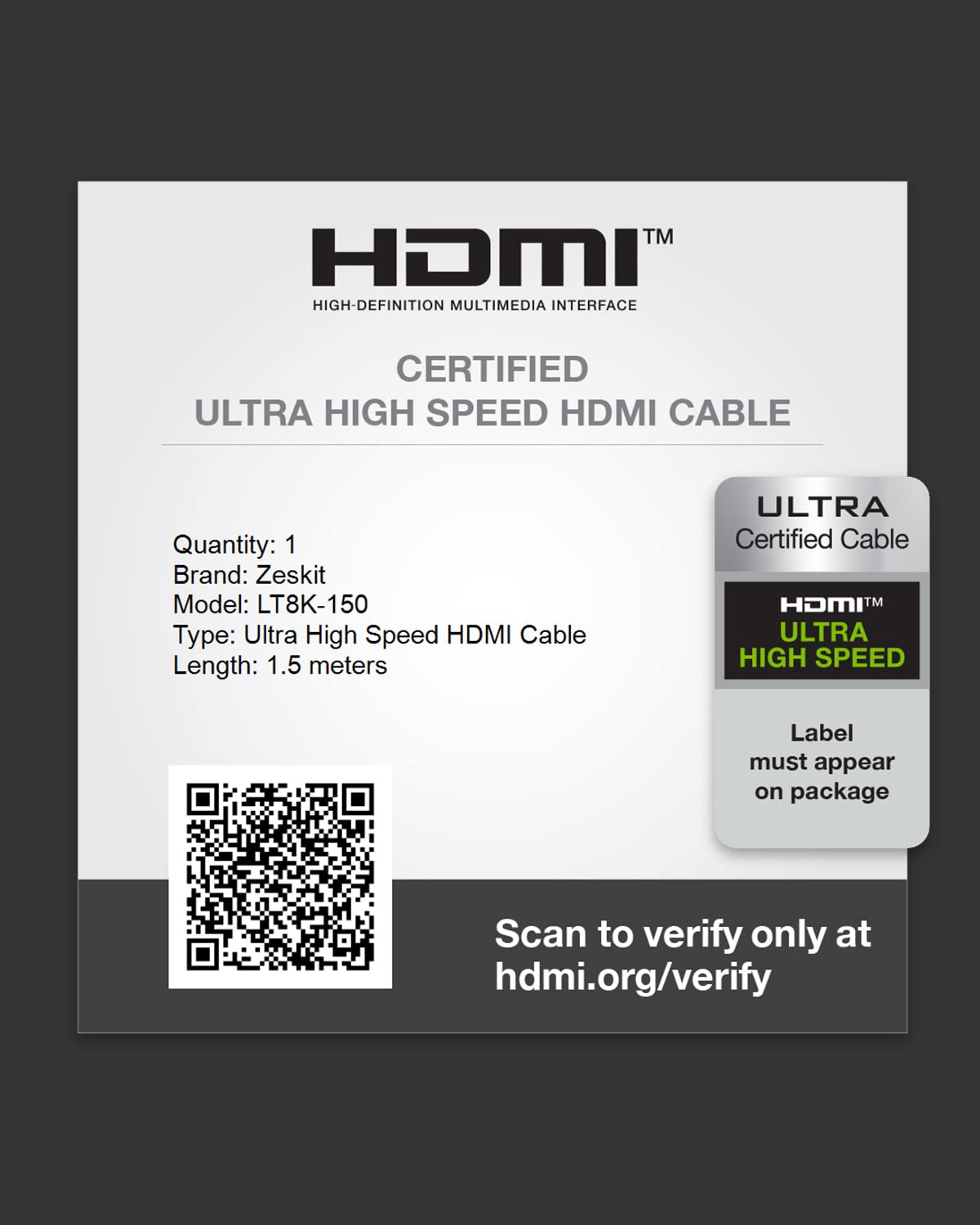 Zeskit Lite 48Gbps Slim Certified Ultra High Speed HDMI Cable 5ft, 4K120 8K60 144Hz eARC HDR HDCP 2.2 2.3 Compatible with Dolby Vision Apple TV 4K