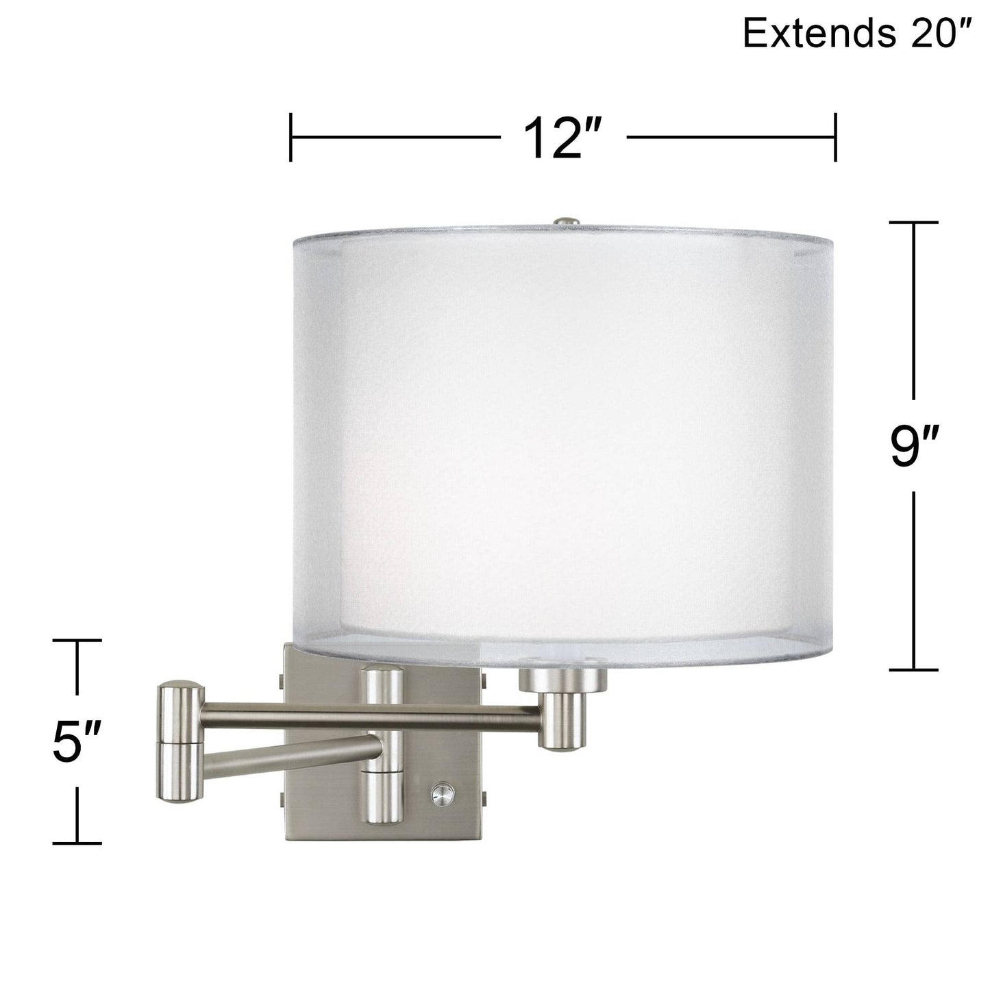 Possini Euro Design Modern Swing Arm Wall Lamp Brushed Nickel Plug-in Light Fixture Dimmable Double Sheer Silver White Drum Shade for Bedroom Bedside