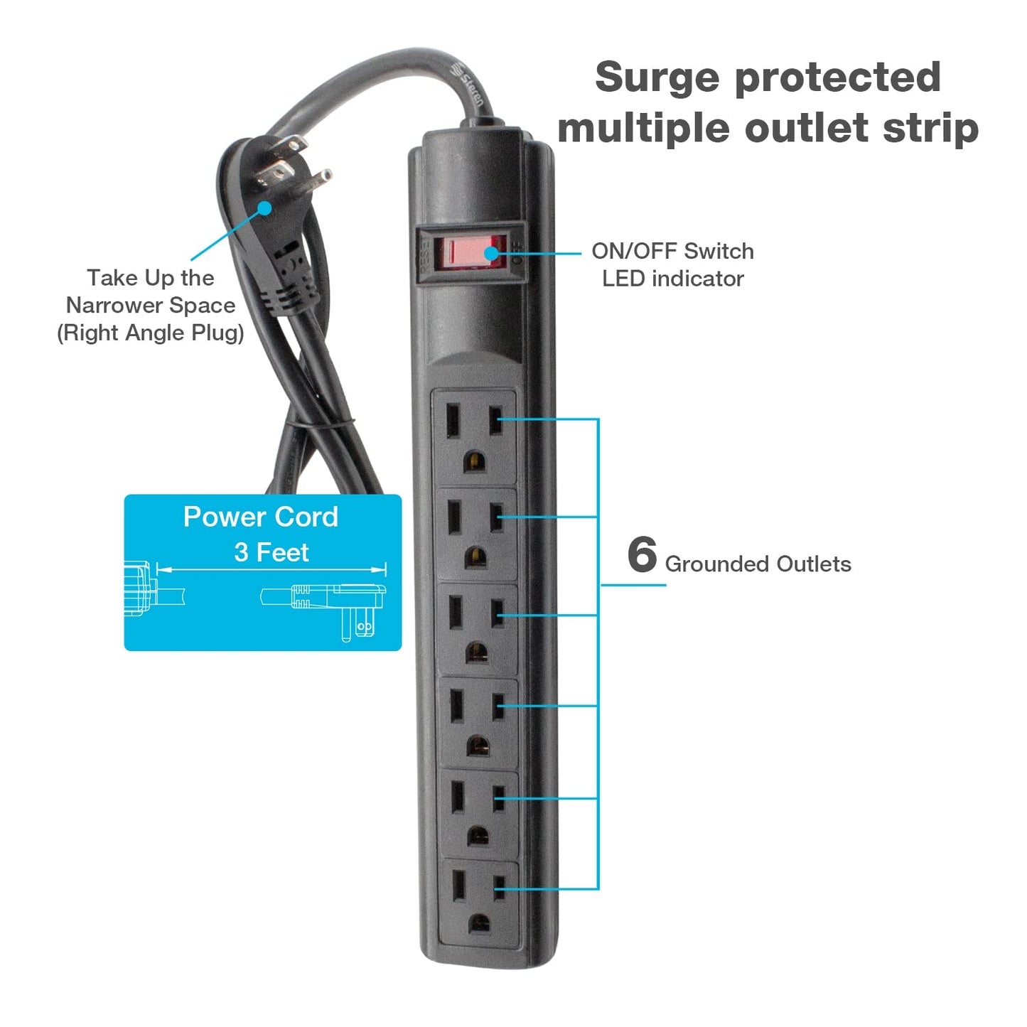 STEREN 6-Outlet Power Strip with 3ft Cord, Right Angle, 90 Degree, Black