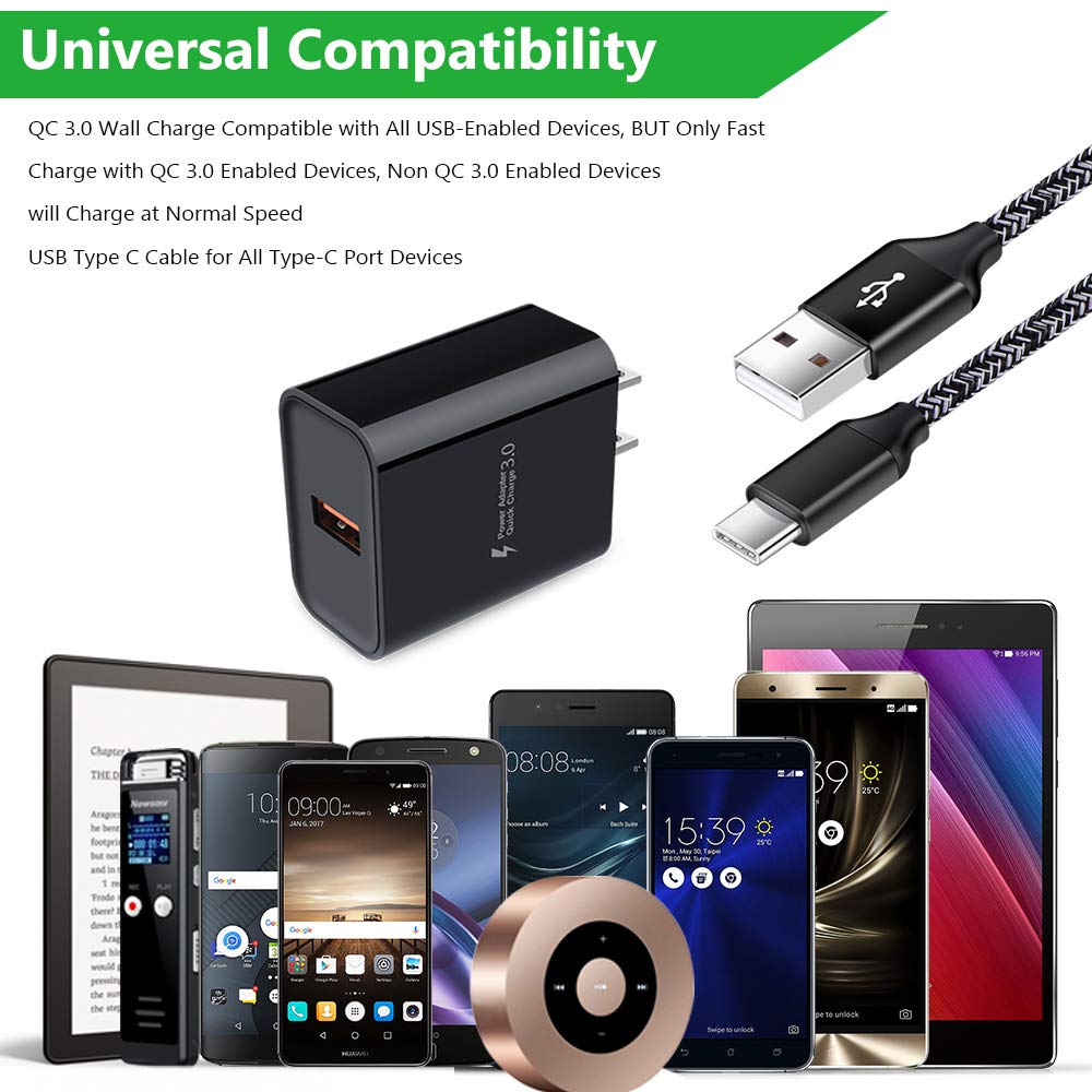 Quick Charge 3.0 Fast Charging USB Wall Charger Plug with 6ft Type C Cable for Samsung Galaxy S26 S25 S24 S23 S22 S21 S20 FE A57 A37 A17 A56 A36 A26