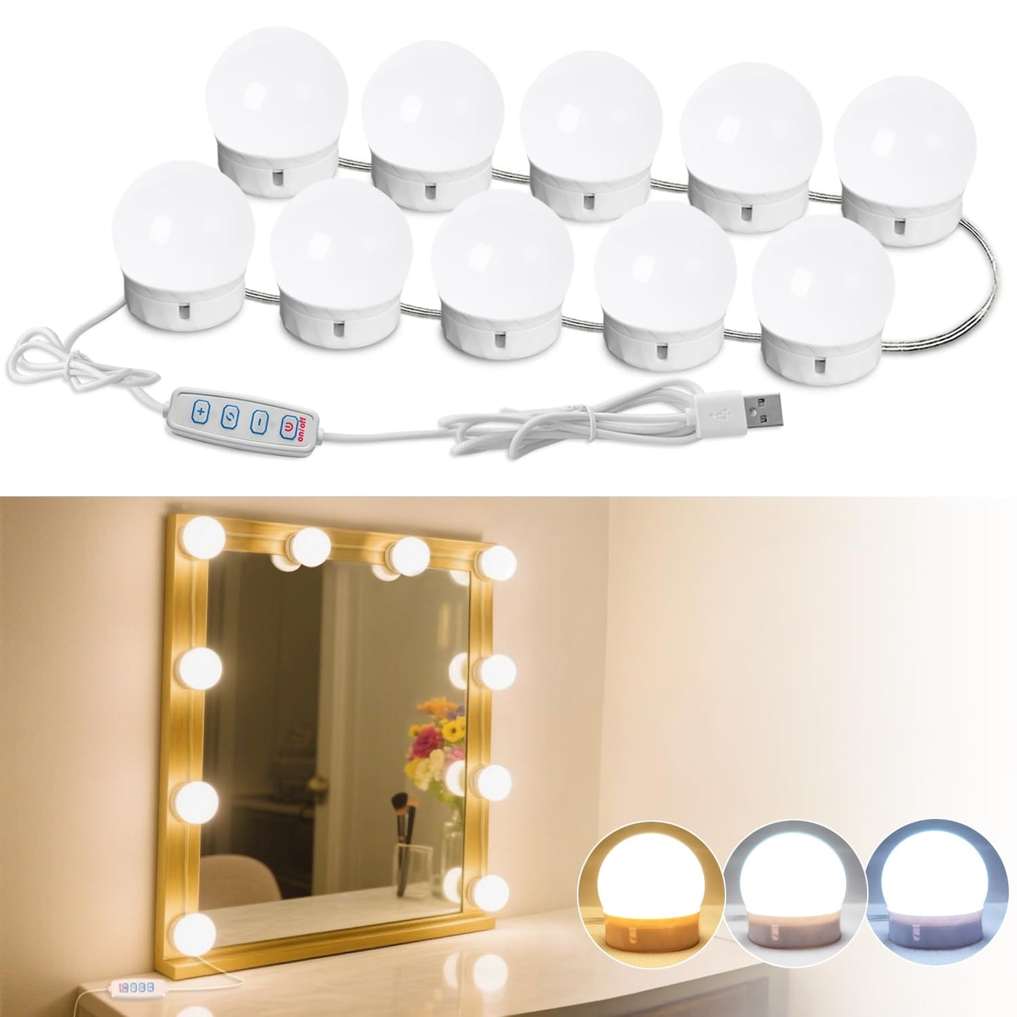 HELOIE Led Vanity Mirror Lights,Vanity Lights for Makeup Dressing Mirror Lighting,10 Dimmable Bulbs,Adjustable Light Color & Brightness,USB