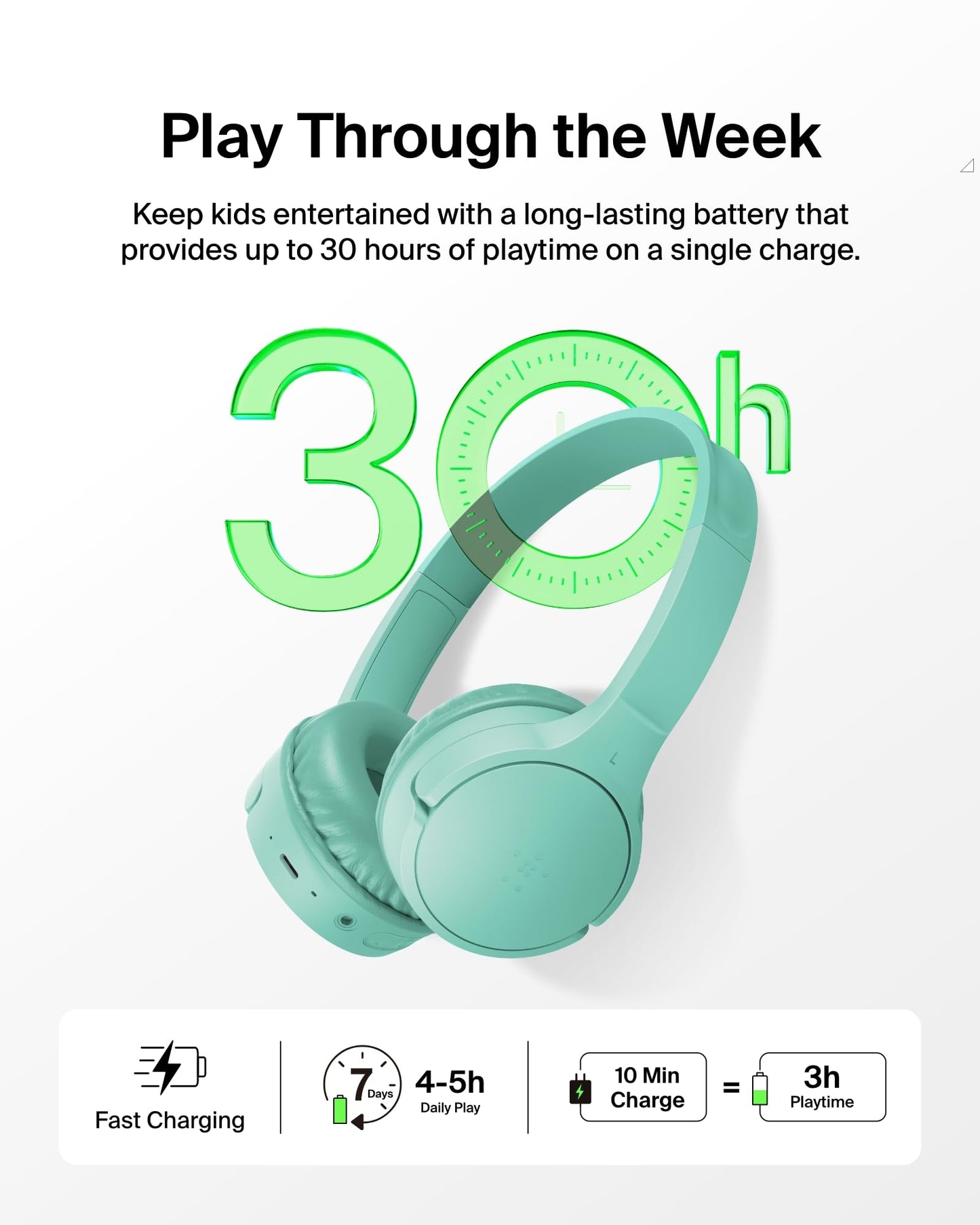 Belkin SoundForm Mini Bluetooth Kids Headphones with Case, 30H Battery Life