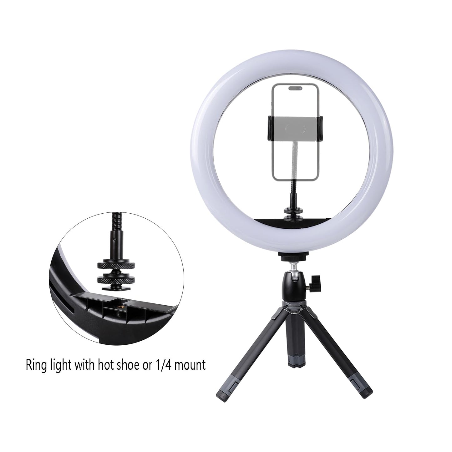 Universal Phone Holder for Ring Light, 1/4"-20 and Hot Shoe Adapter, Flexible Phone Mount for Ring Light and Tripod Stand Replacement