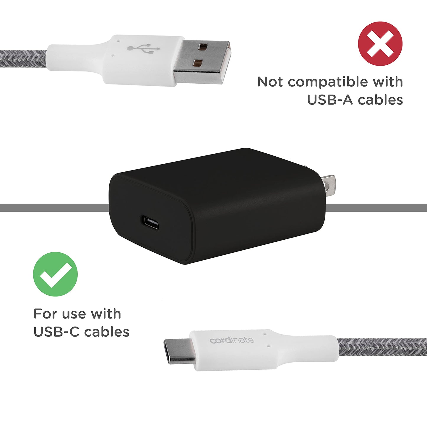 Cordinate 1 USB-C Port Wall Charger, 20W, Power Delivery, Fast Charge, Compact, Great for Travel, Compatible with Apple, Samsung, LG, Google