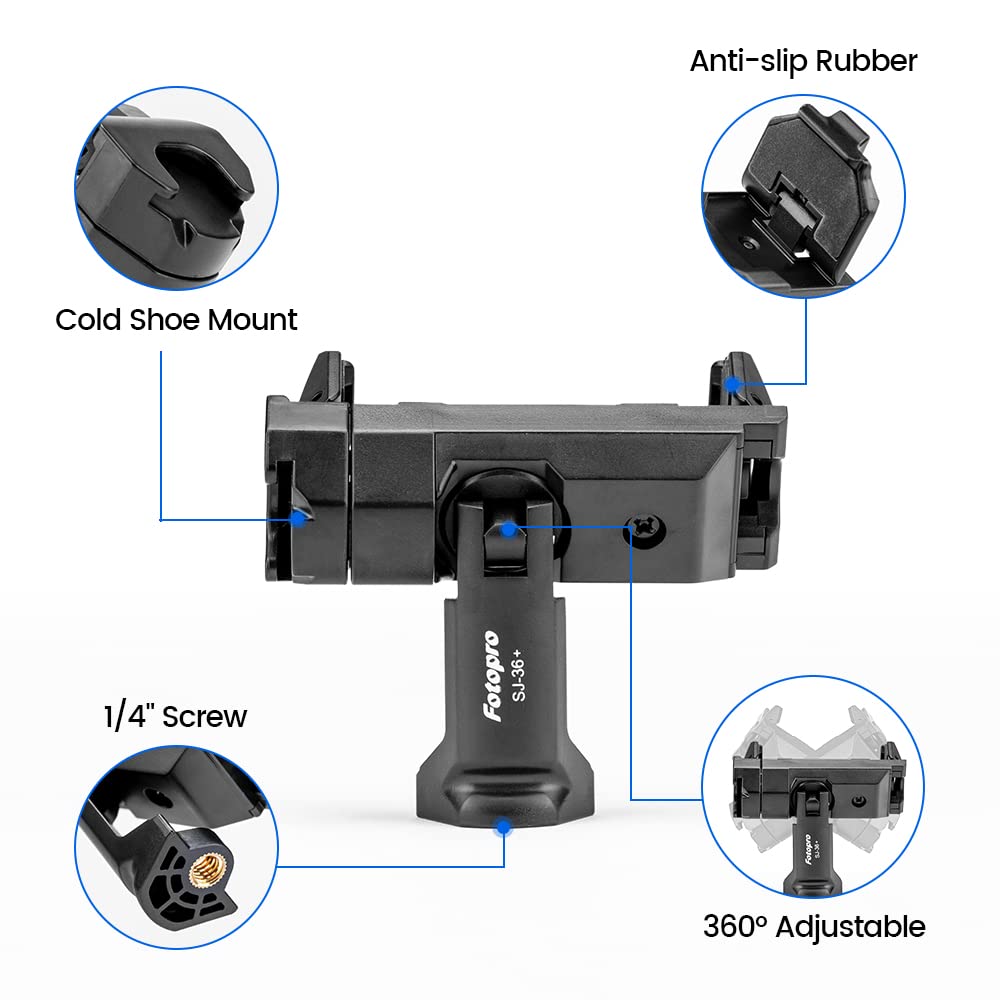 Fotopro Phone Tripod Mount Cold Shoe Rotatable Universal Cell Phone Mount Adapter for Monopod Selfie Stick Desktop Tripod Video Vlogging Photograph