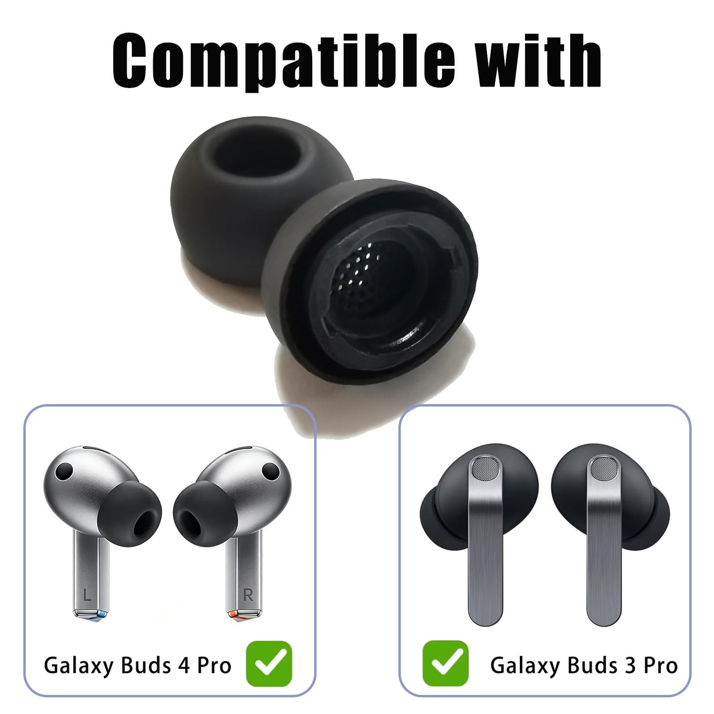 Silicone Ear Tips for Samsung Galaxy Buds3 Pro / Buds4 Pro - Replacement, Anti-Slip, Noise Isolating, Black 3 Pairs