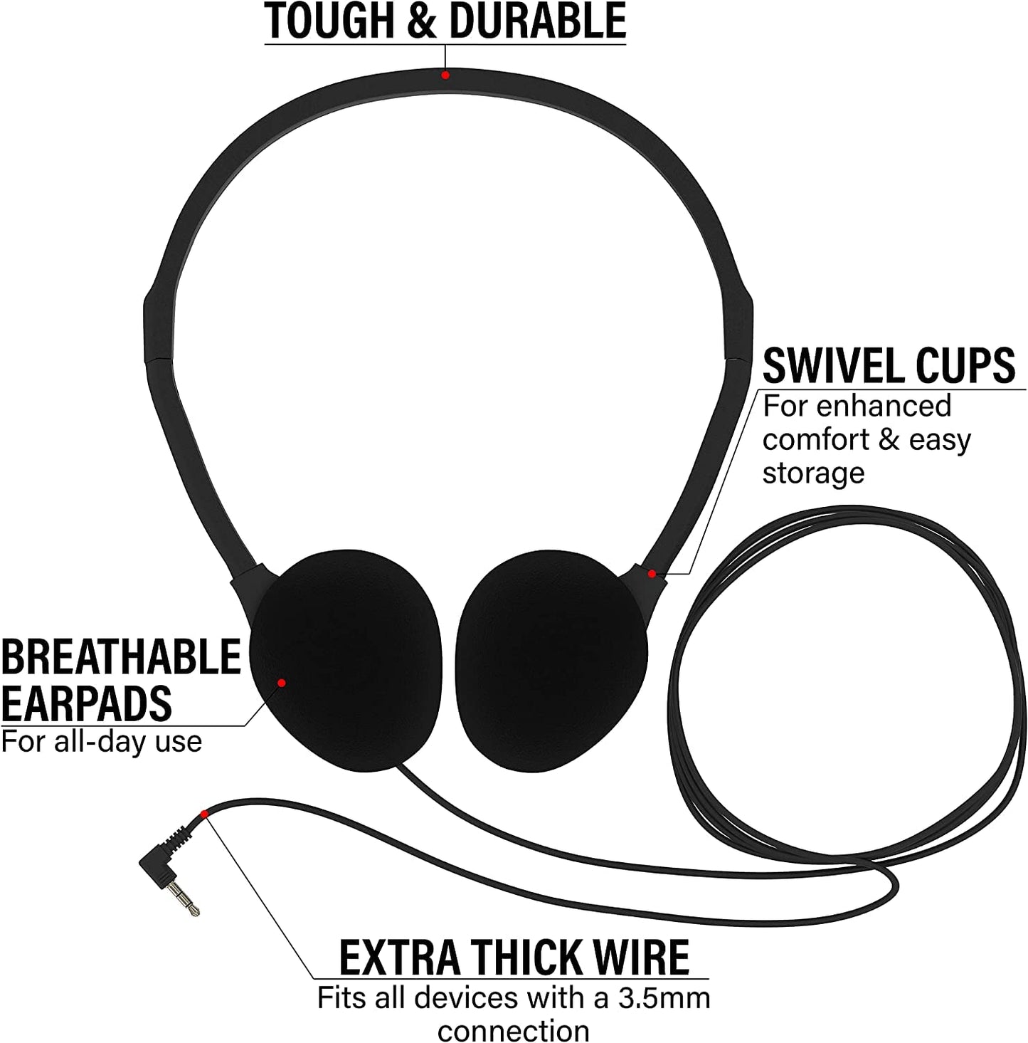 Maeline Bulk Headphones with 3.5 mm Headphone Plug - 40 Pack - Black