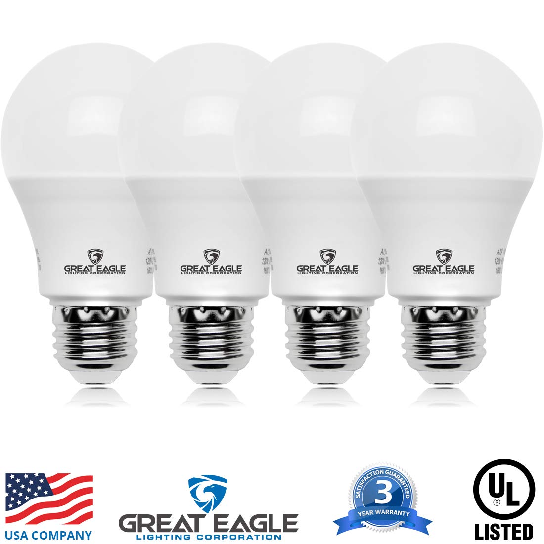 Great Eagle A19 Led Bulbs 75 Watt Equivalent - UL Listed - 5000K Daylight 75 Watt Led Light Bulbs - Non Dimmable - Standard Replacement (4 Pack)