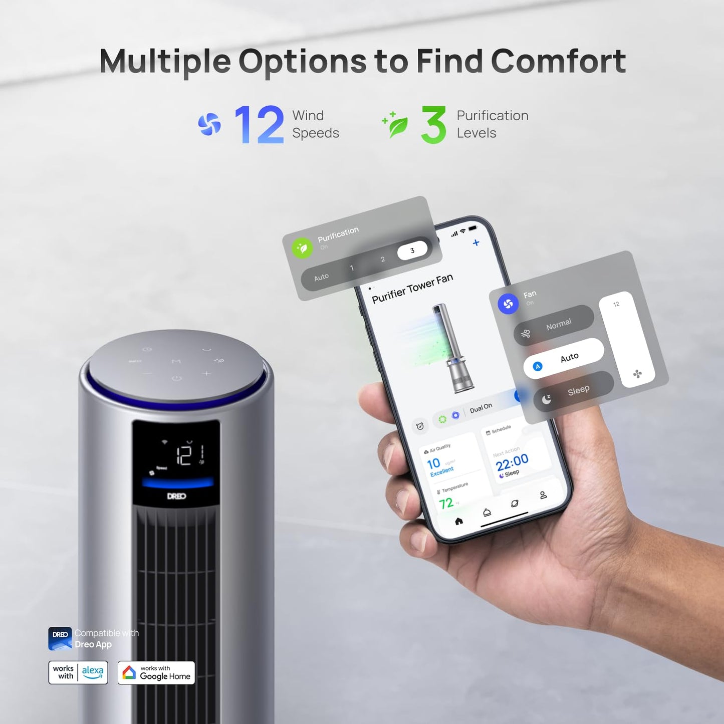 DREO MC710S Air Purifier Tower Fan, 45" 2-in-1 Smart Fan for Bedroom