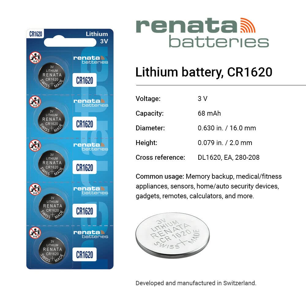 Renata CR1620 Batteries - 3V Lithium Coin Cell 1620 Battery (5 Count)