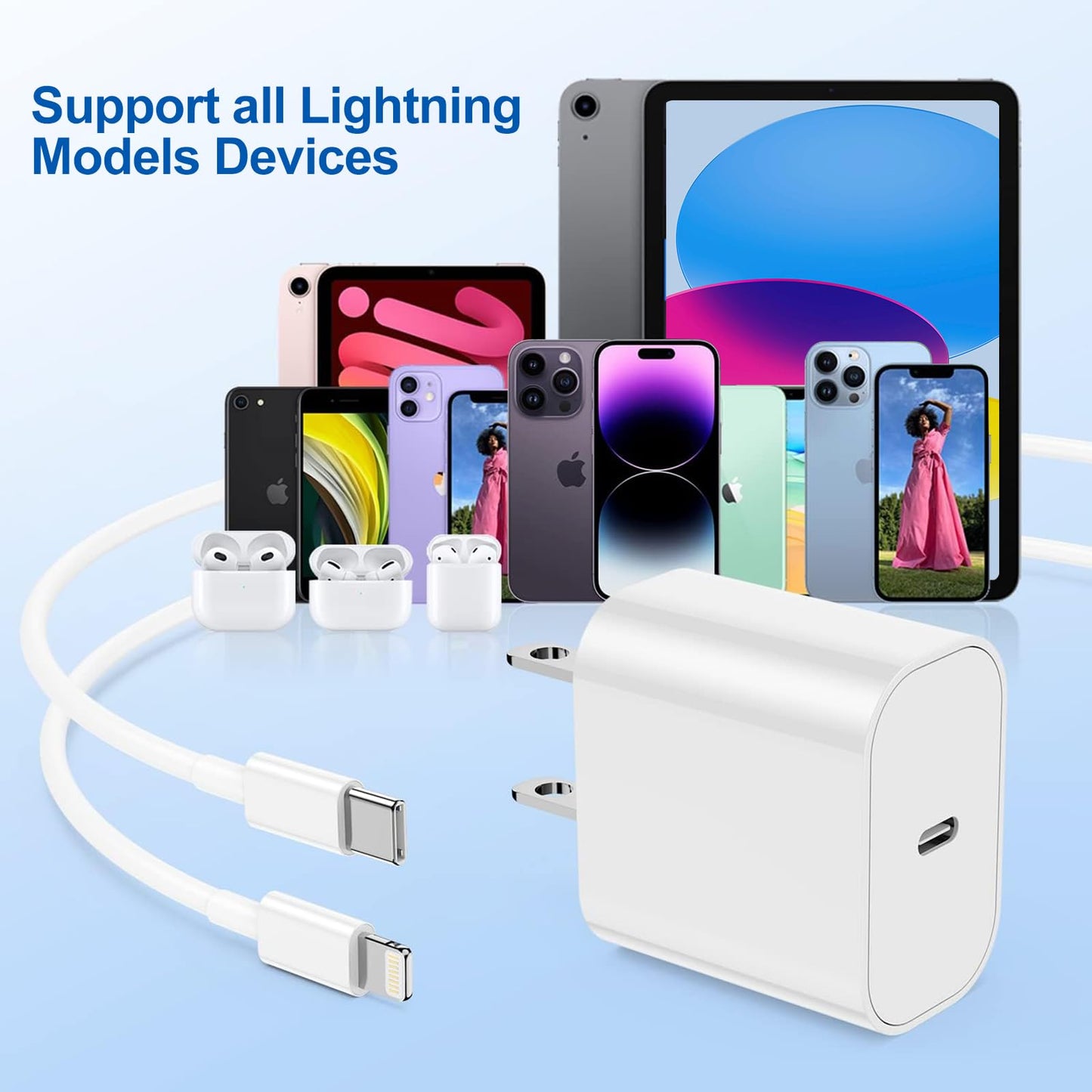 OMBROA Fast-Charging-Cord [MFi Certified],20W PD USB C Wall Charger and 2-Pack(6ft+10ft) Fast Charging Cable