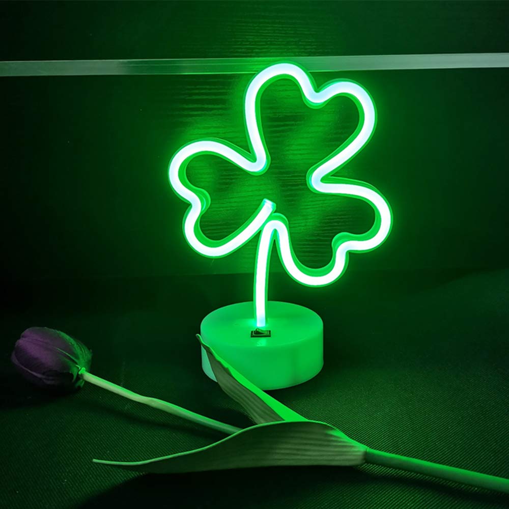 ENUOLI Shamrock Shape LED Neon Signs Green Decorative Lights USB/Battery Powered Led Light Decoration Lights with Base Lucky Grass Neon Sign Night
