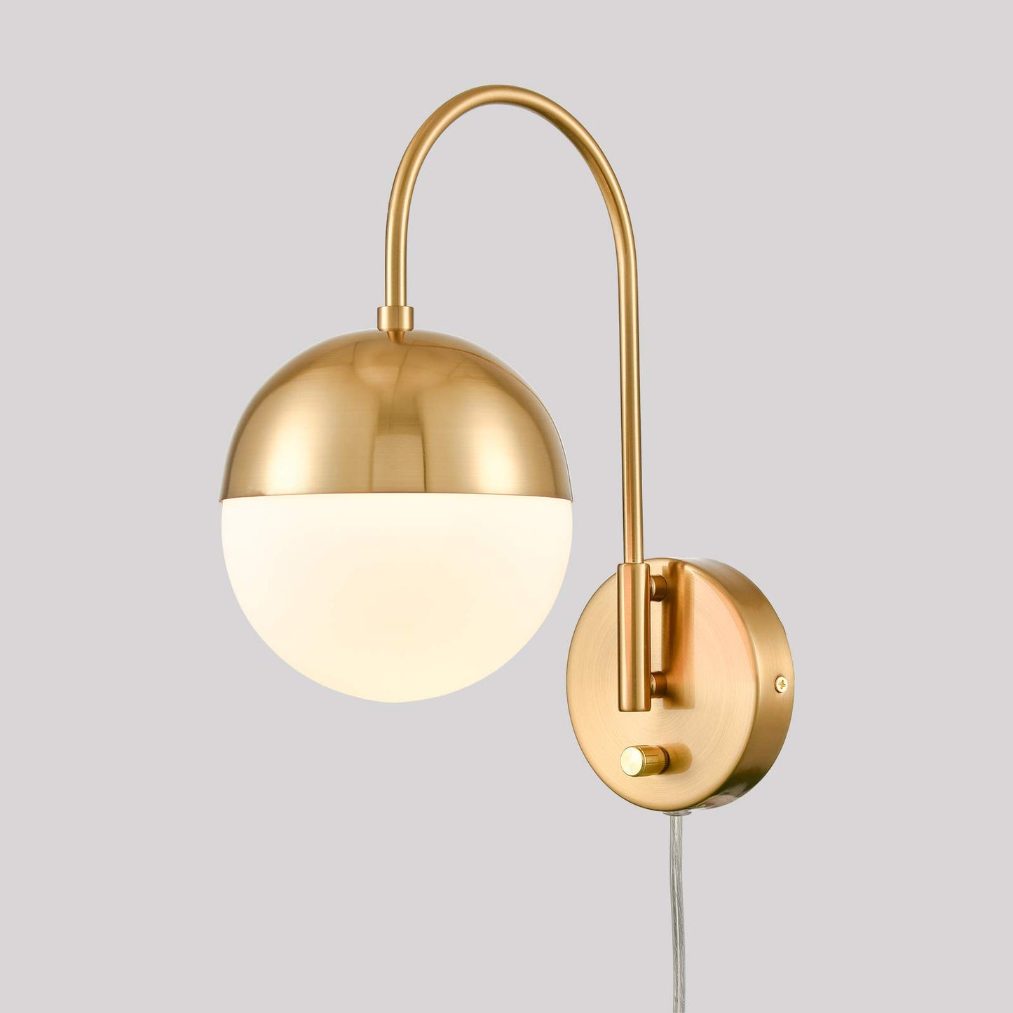 TENGIANTS Mid Century Modern Wall Sconce with Switch Gold Wall Lamp Brass Finished Plug in Wall Light with Opal White Glass Globe Wall Sconce