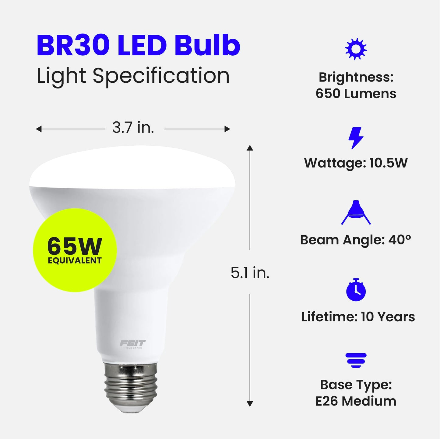 Feit Electric LED BR30 Light Bulbs, 65W Eq, Daylight, 6 Pack