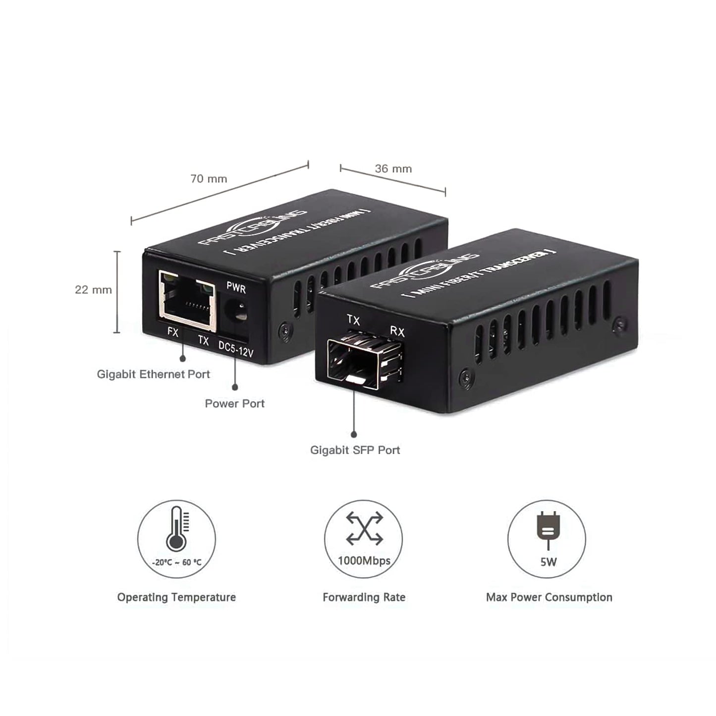 Gigabit Fiber to Ethernet Media Converter Kit, LC Single Mode, Up to 20km Fiber Opitc Network, Point-to-Point, Plug & Play, Complete Kit, Compact