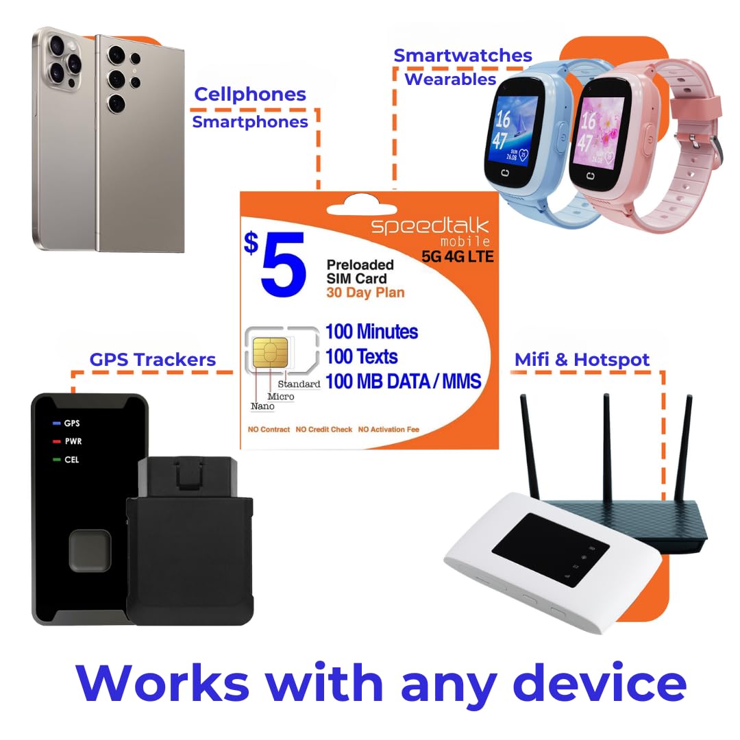 SpeedTalk Mobile $5 Prepaid SIM Card - Top Value Plan for Smartphones & Cellphones | 100 Minutes, 100 Texts, 100MB Data | 5G/4G LTE | Triple-Cut