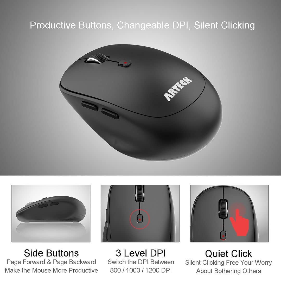 Arteck 2.4G Wireless Keyboard and Mouse Combo Ultra Compact Slim Stainless Full Size Keyboard and Ergonomic Mouse for Computer/Desktop/PC/Laptop