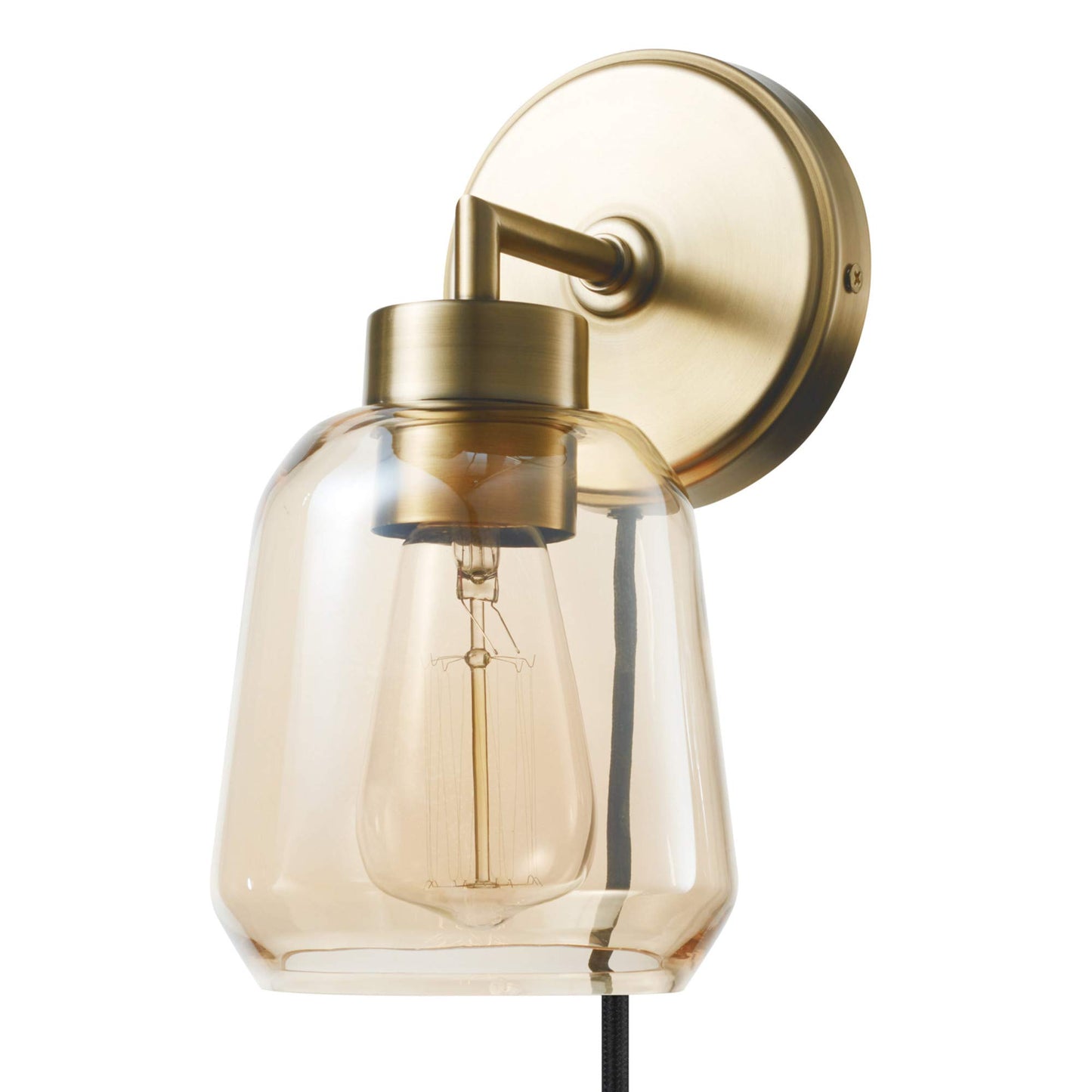 Globe Electric 51715 1-Light Plug-in or Hardwire Wall Sconce, Matte Brass, Smoked Amber Glass Shade, Black Fabric Cord, in-Line On/Off Switch