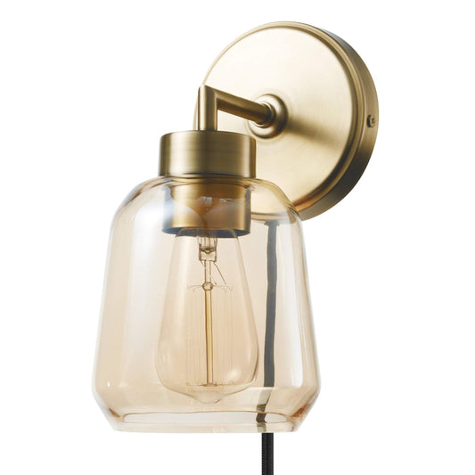 Globe Electric 51715 1-Light Plug-in or Hardwire Wall Sconce, Matte Brass, Smoked Amber Glass Shade, Black Fabric Cord, in-Line On/Off Switch