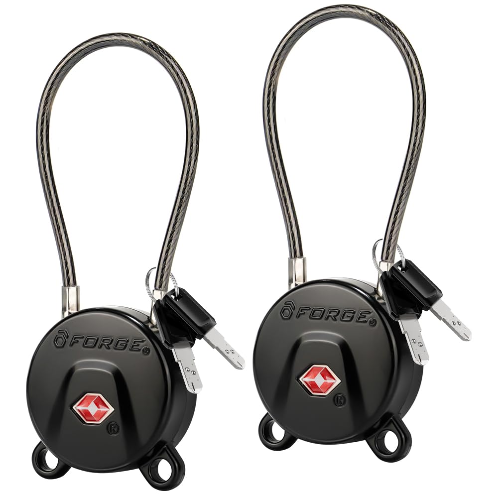 Forge TSA Approved Luggage Locks – Ultra Secure TSA006 Dimple Key Travel Padlocks with Zinc Alloy Body, 2 Pack Cable Locks (Black)
