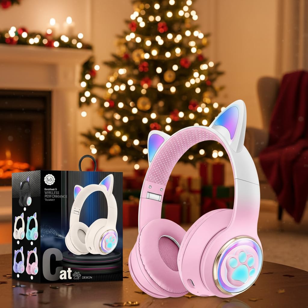 KERHAND Cat Ear Kids Headphones, Bluetooth 5.0, Safe Volume, LED, Pink