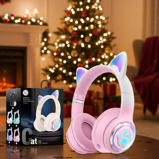KERHAND Cat Ear Kids Headphones, Bluetooth 5.0, Safe Volume, LED, Pink