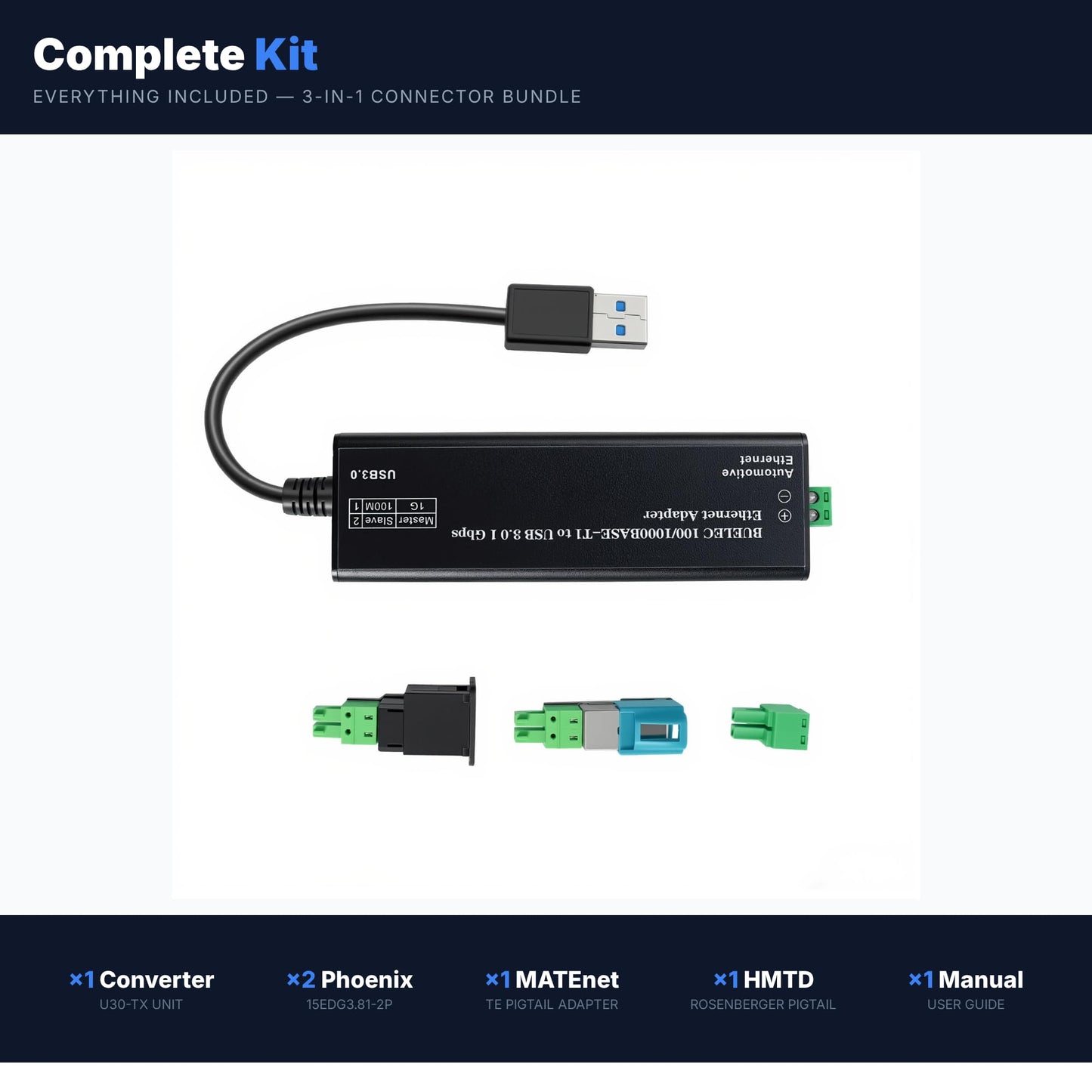 BUELEC USB 3.0 to Automotive Single-Pair Ethernet Adapter, 100/1000BASE-T1, Bus Powered, with MATEnet & HMTD Adapters, Plug and Play