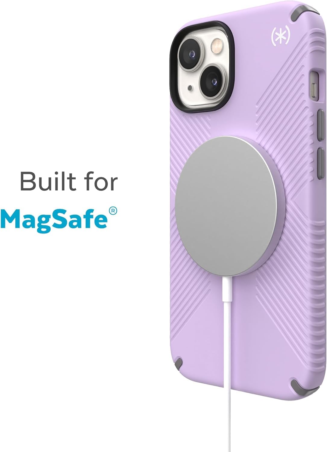Speck Presidio2 Grip MagSafe Case for iPhone 14/13/16e (6.1”) - Slim Dual-Layer Drop & Scratch Protection, Anti-Slip Grip - Spring Purple/Cloudy