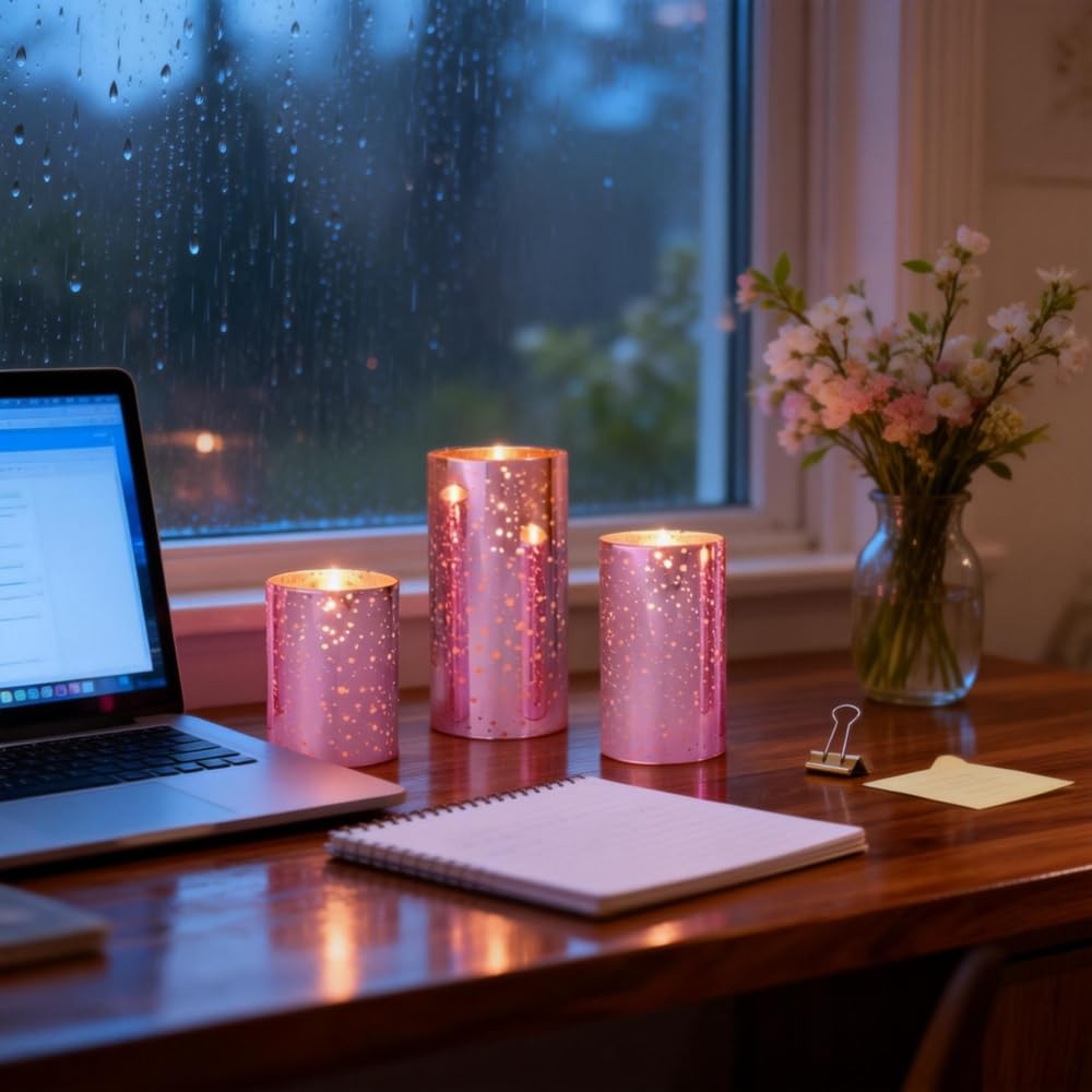 Pink Flameless LED Candles with Remote - Mercury Crackle Glass, Real Wax, Warm White Flicker, 500+ Hrs, Spring & Summer Decor for Women, Mother's Day