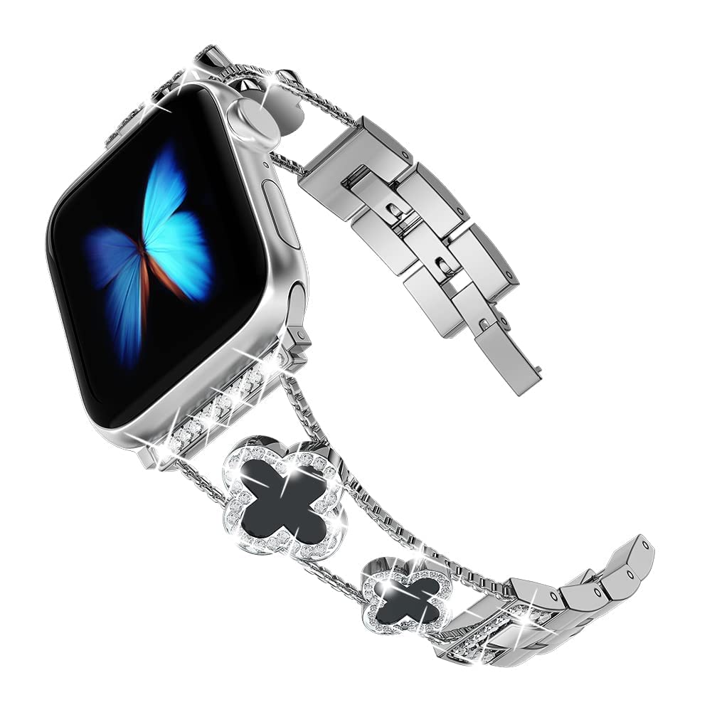 Musk MSKR Clover Silver Black Women's Band Compatible with Apple Watch 38mm 40mm 41mm 42mm (S10) Adjustable Metal Bracelet Breathable Jewelry Strap