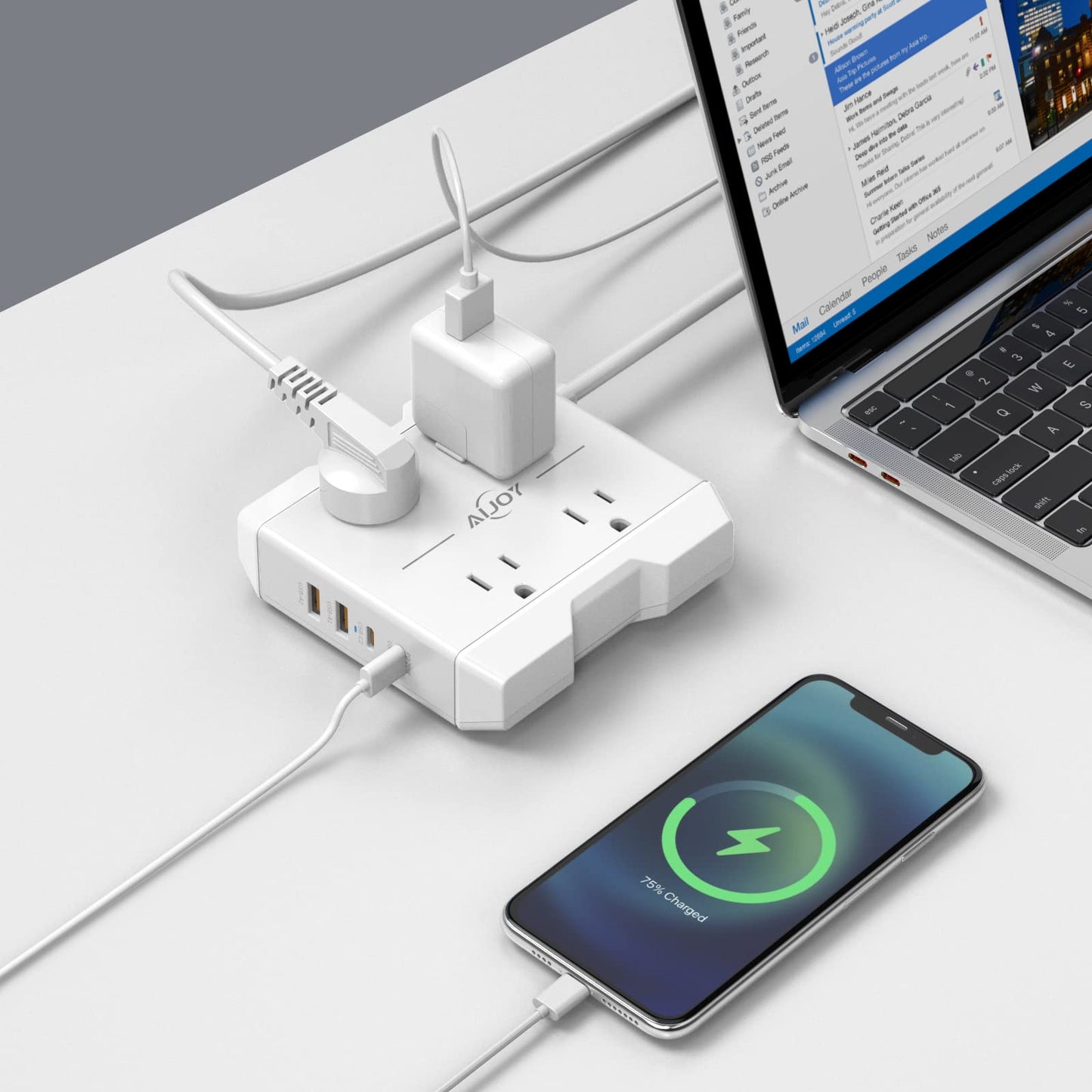 USB-C Power Strip 20W Fast Charging, AiJoy 5 FT Extension Cord, 4 AC Outlets & 4 USB Ports, Wall Mount Compact Surge Protector for Home Desk