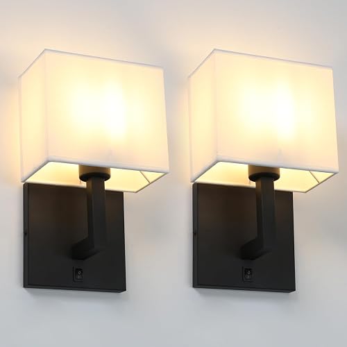 Yosoan Set of 2 Indoor Vanity Wall Sconce with On Off Switch, Brass Modern Boho Vintage Industrial Light with Square Fabric Shade for Bedroom Living