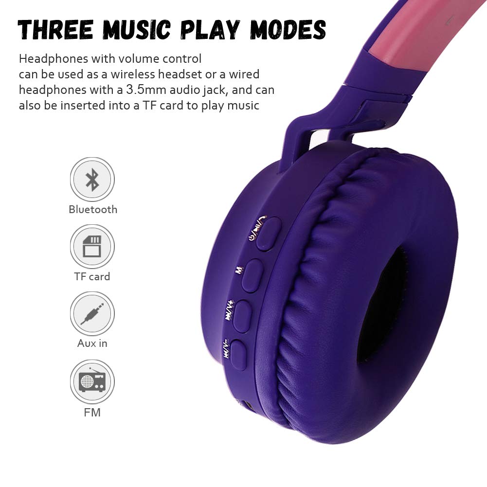 Kids Bluetooth 5.0 Cat Ear Headphones Foldable On-Ear Stereo Wireless Headset with Mic LED Light and Volume Control Support FM Radio/TF Card/Aux…