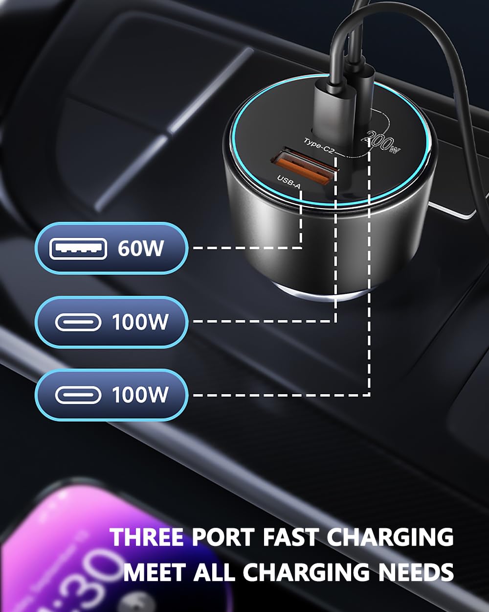 200W Car Charger, USB C Car Charger PD3.0 QC4.0 PPS Fast Charging Car Adapter with 2 100W USB C Cable 3 Port Type C Cigarette Lighter for Dell XPS