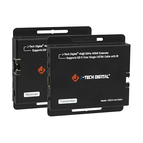 J-Tech Digital 4K 120Hz HDMI Ethernet Extender Over Single Cat6A/7 Ethernet Cable Up to 120ft., Supports Bi-Directional IR HDMI 2.0 HDCP 2.3 EDID