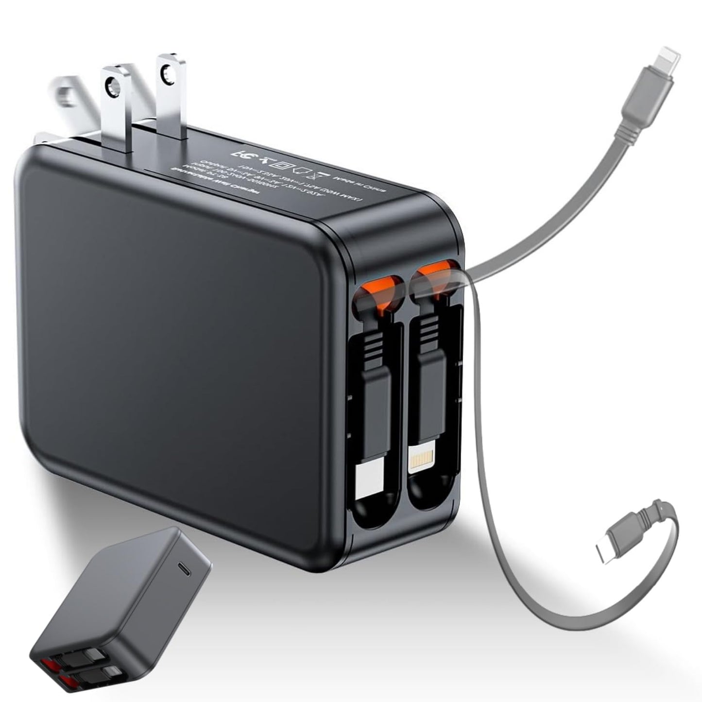 Retractable Wall Charger with Dual Cables,3 in 1 PD 62W USB C Fast Charging with Foldable Plug for iPhone 16/15/14/13/12/11 Series, Pad, LG, Samsung
