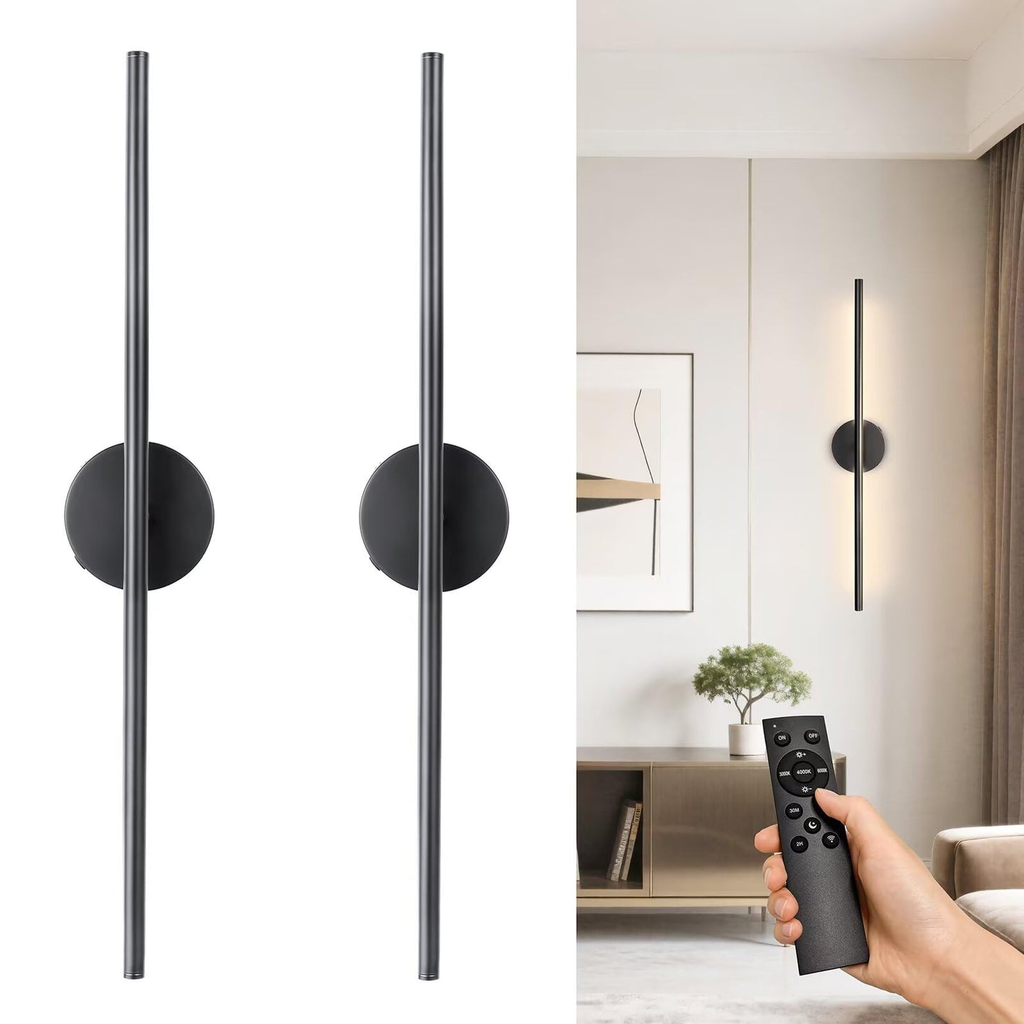 Coolilumi Rechargable Wall Sconce Set of Two, Modern Wireless USB Sconce Lights with Remote, 28.35Inch Dimmable Indoor Home Wall Decor Lights