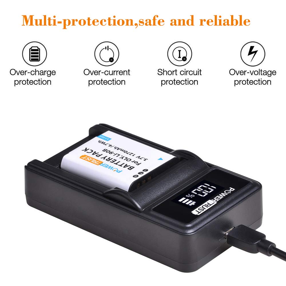 PowerTrust 2Pack LI-90B Li-92B Battery and Charger for Olympus Tough TG-1 iHS TG-2 iHS TG-3 TG-4 SH50 iHS SH60 Batteries