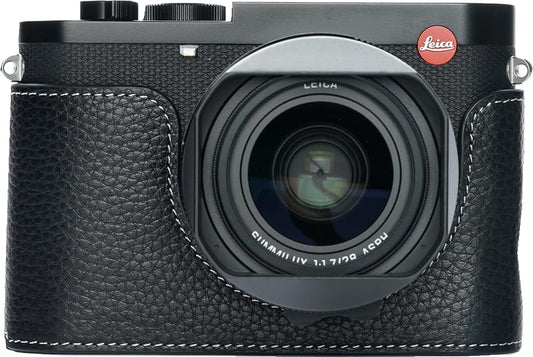 Camera Case for Leica Q3, BMAOLLONGB Handmade Genuine Real Leather Half Camera Case Bag Cover for Leica Q3 Camera Bottom Opening Version + Hand Strap