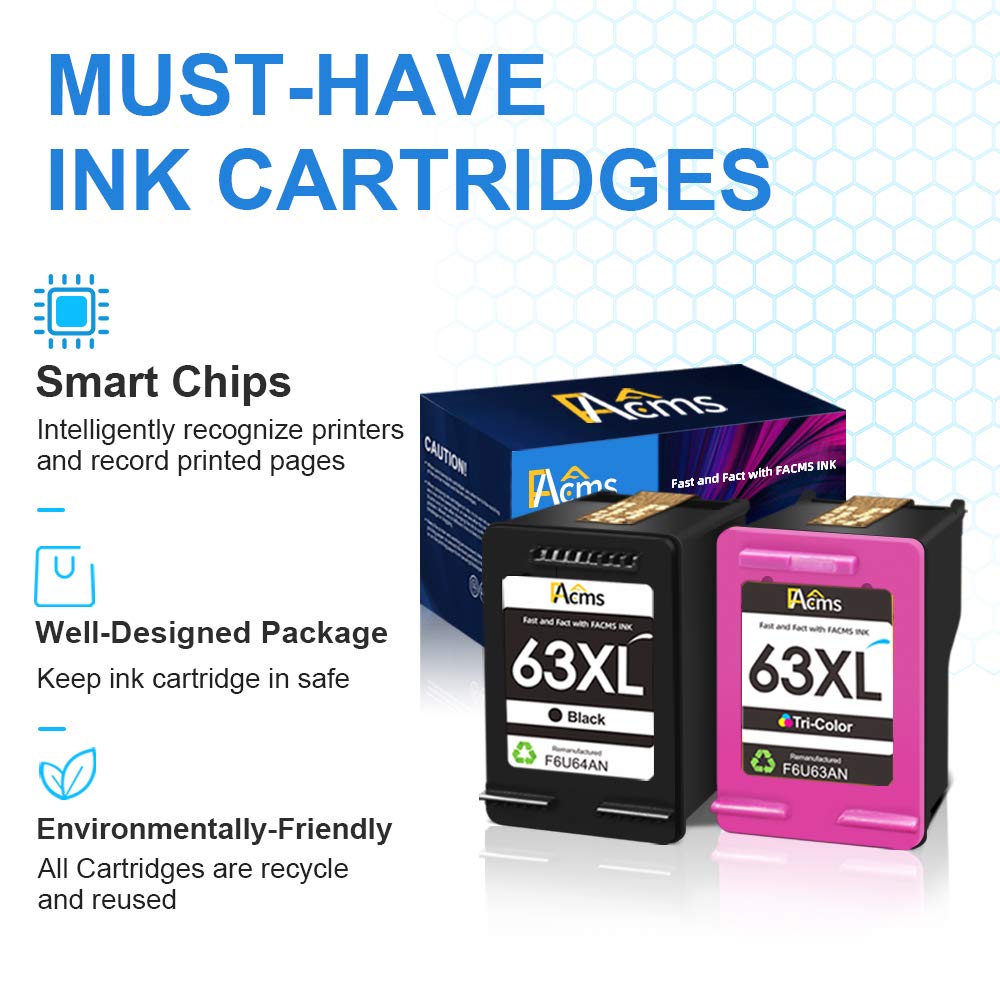 FACMS Remanufactured Ink Cartridge Replacement for HP 63 63XL 63XL for Envy 4520 4512 4513 4516 OfficeJet 3830 5255 5258 DeskJet 1112 1110 3630 3632