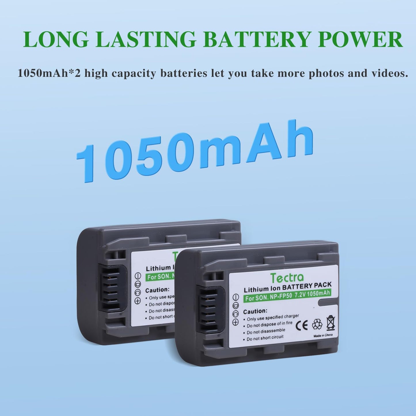 Tectra 2-Pack NP-FP50 Battery + LCD Dual Charger for Sony NP-FP30 NP-FP60 NP-FP70 DCR-DVD103 DCR-DVD105 DCR-DVD203 DCR-DVD205 DCR-DVD305 DCR-DVD92
