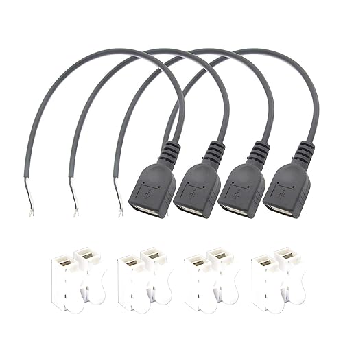 ELNONE Short Charging USB 2 Wire Pigtail Cable (4 Pack 12 Inch) 30cm 22AWG 3A Black USB Female 2 Wire Power Cable Pigtail Cord Connectors with Quick