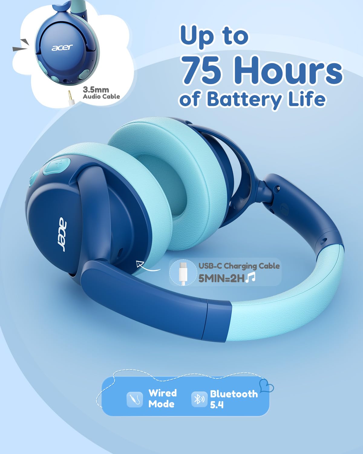 Acer Kids Bluetooth Headphones, 85dB Limiter, 75H, w/Mic OHR725