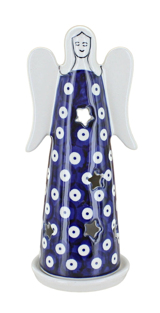 Blue Rose Polish Pottery - Blue Dots Large Angel Luminary - 7.75" Tall - Hand-Painted Polish Pottery Holiday Candle Holder, Unique Christmas Gift